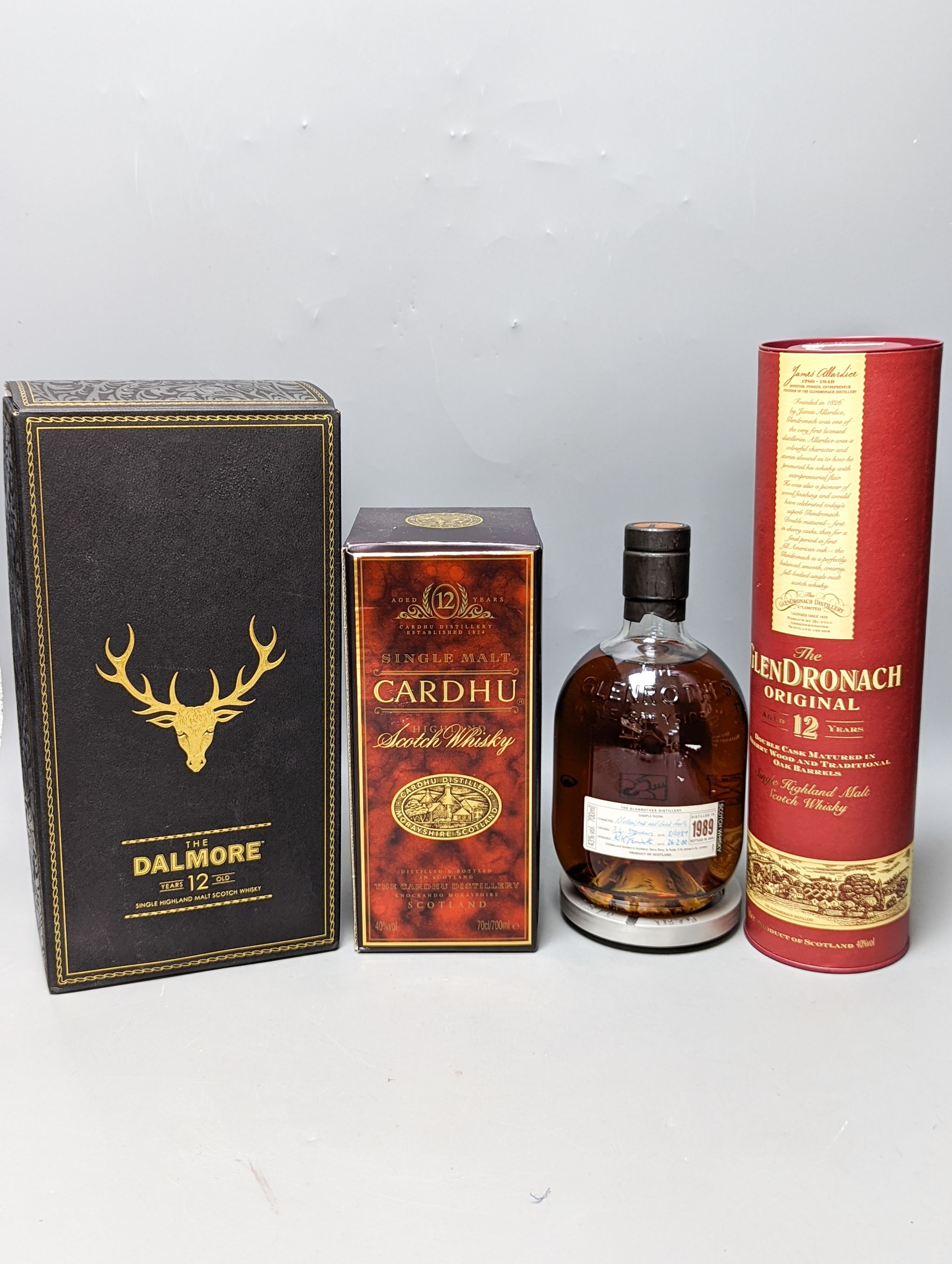 Four assorted bottle of single malt whisky including The Dalmore 12 years old, The Glendronach Original aged 12 years, Cardhu aged 12 years and The Glenrothes distilled in 1989, three boxed.